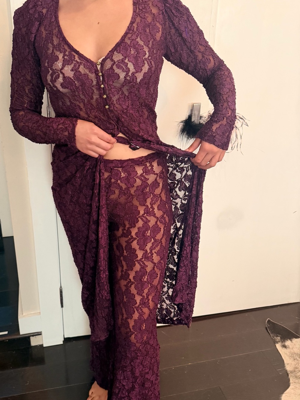 vintage Betsy Johnson, rare , dark plump lace 2 pieces set with bell bottom pant